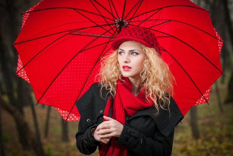 Woman with Red Umbrella — Dramatic, Autumn, Photograph