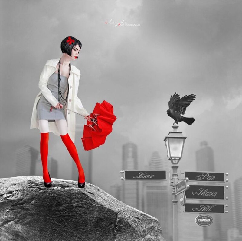 Woman with Red Umbrella — Dramatic, Digital Art, Bird