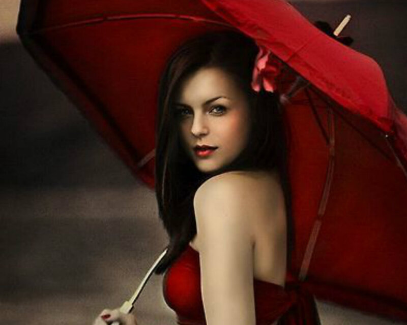 Woman with Red Umbrella — Dramatic, Digital Art, Dress