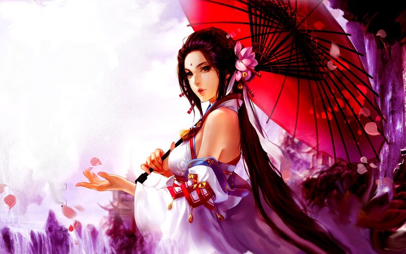 Woman with Red Umbrella — Dramatic, Digital Art, Flower