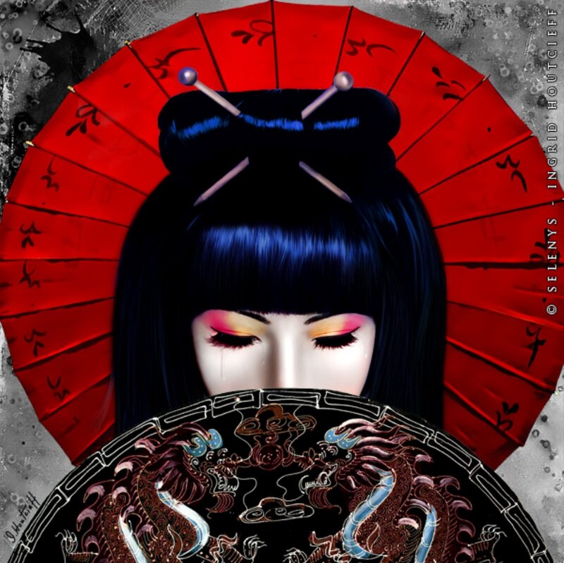Woman with Red Umbrella — Dramatic, Digital Art, Hairpins
