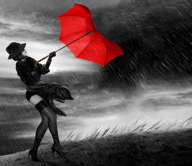 Woman with Red Umbrella — Dramatic, Digital Art, Rain