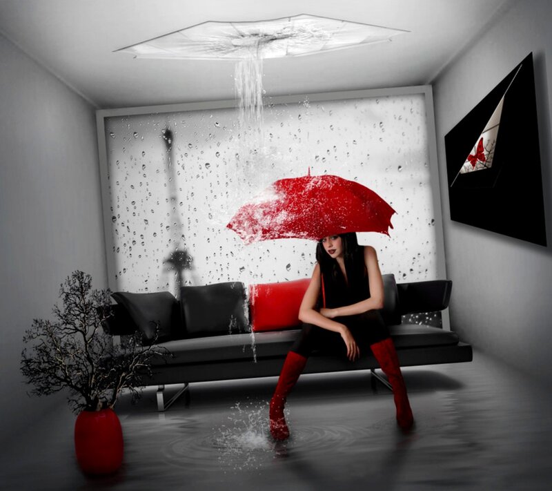 Woman with Red Umbrella — Dramatic, Digital Art, Sofa