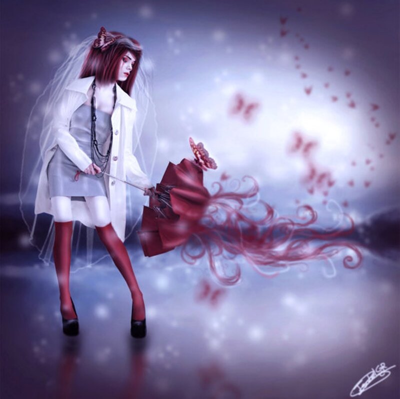 Woman with Red Umbrella — Dramatic, Digital Art