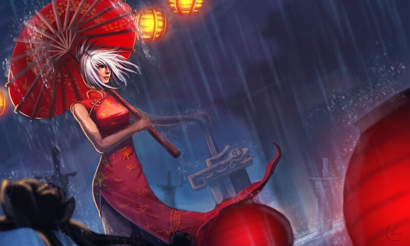 Woman with Red Umbrella — Dramatic, Night, Digital Art, Lanterns