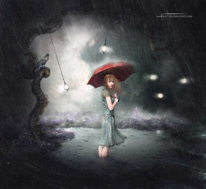 Woman with Red Umbrella — Dramatic, Night, Digital Art