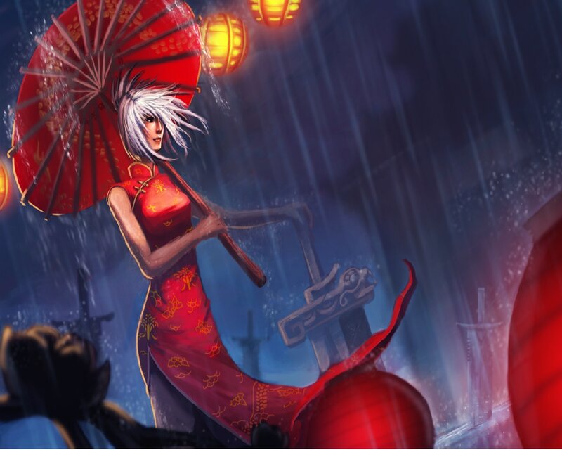 Woman with Red Umbrella — Dramatic, Night