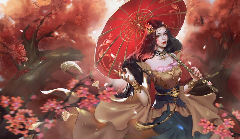 Woman with Red Umbrella — Dramatic, Spring