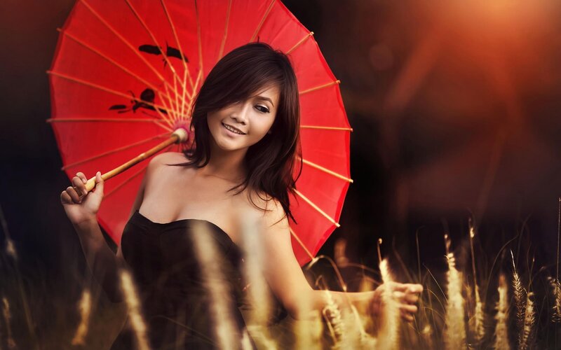 Woman with Red Umbrella — Dramatic, Sunset