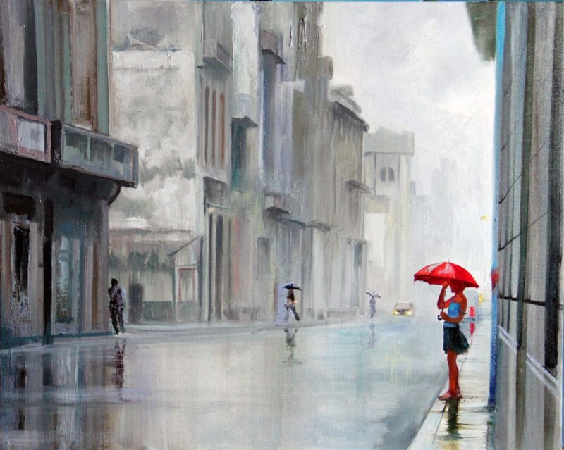 Woman with Red Umbrella — Dreary