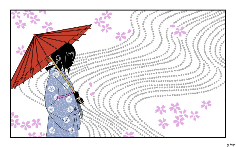 woman with red umbrella in cherry blossoms