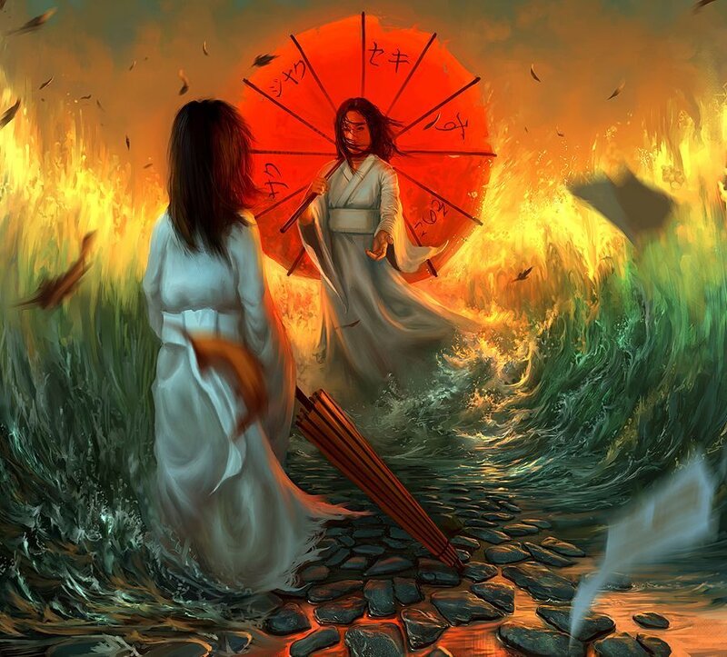 Woman with red umbrella in storm