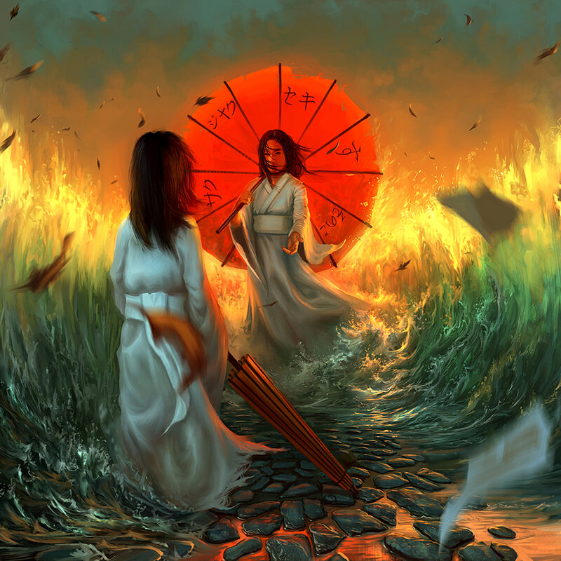 Woman with red umbrella in storm