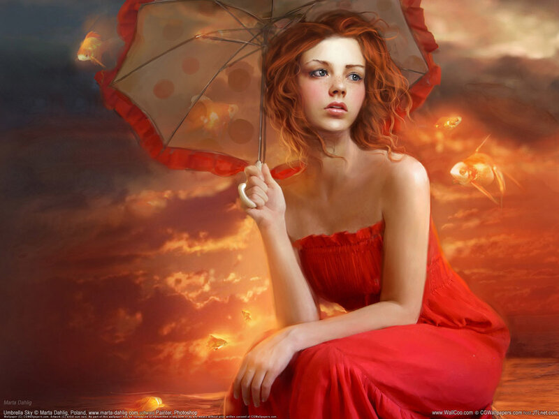 Woman with red umbrella in surreal sky