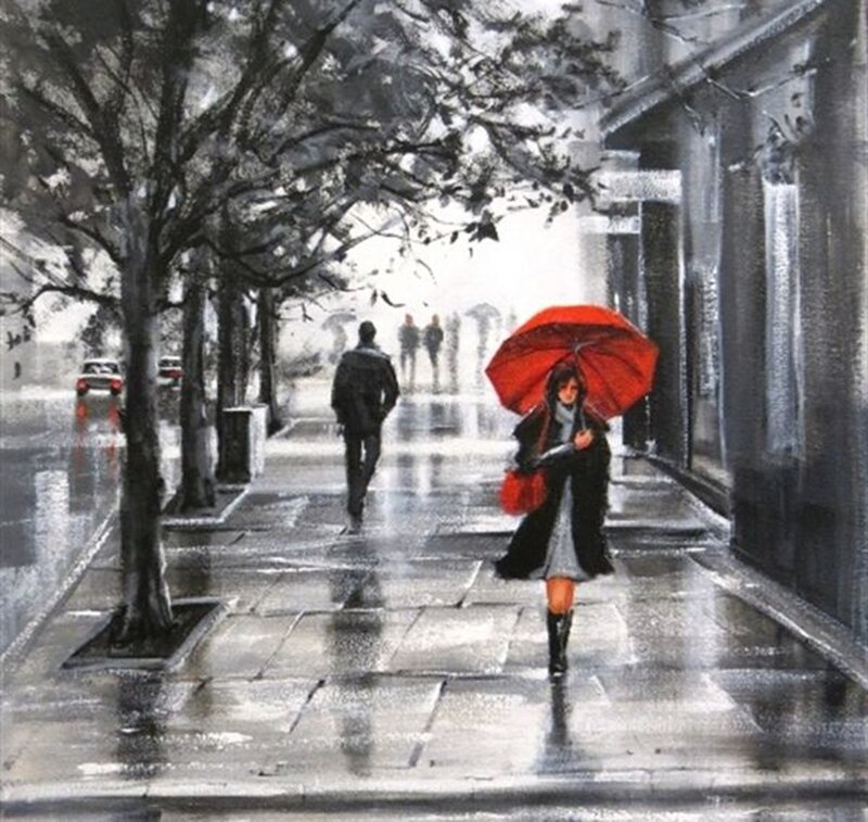 Woman with Red Umbrella — Melancholic, Morning