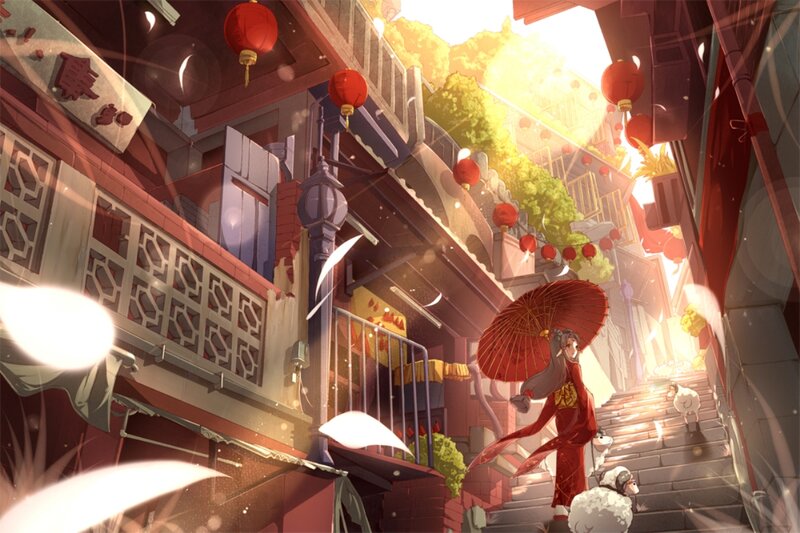 Woman with Red Umbrella — Serene, Afternoon, Digital Art