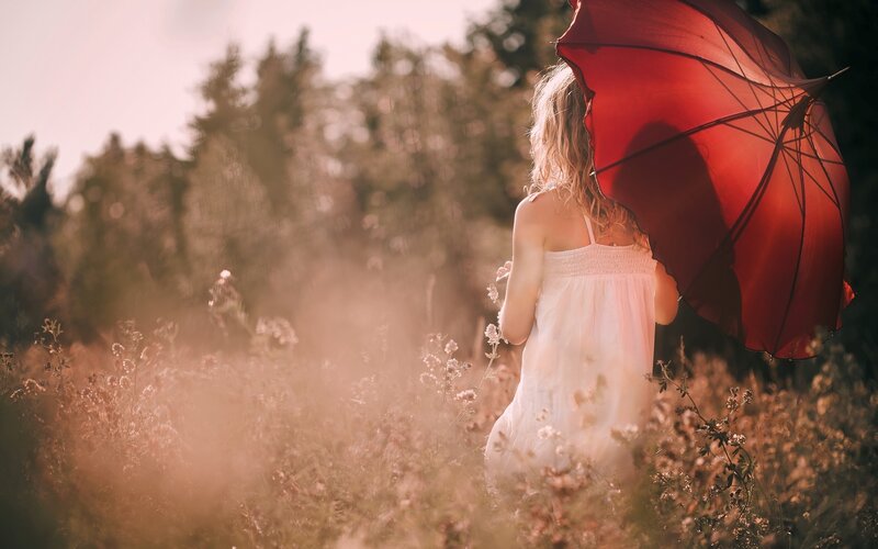 Woman with Red Umbrella — Serene, Afternoon, Photograph