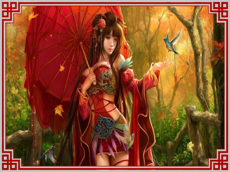 Woman with Red Umbrella — Serene, Autumn, Digital Art, Bird