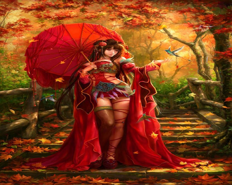 Woman with Red Umbrella — Serene, Autumn, Digital Art