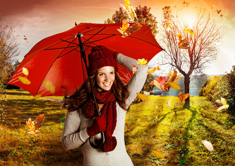 Woman with Red Umbrella — Serene, Autumn, Photograph