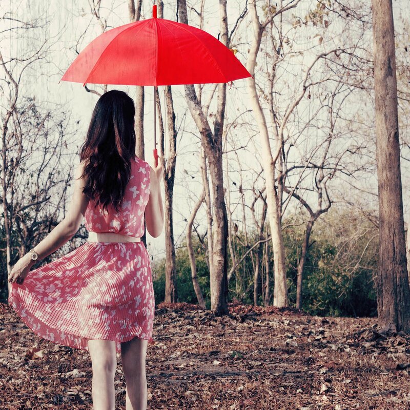 Woman with Red Umbrella — Serene, Autumn, Photograph, Trees