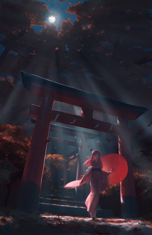 Woman with Red Umbrella — Serene, Night
