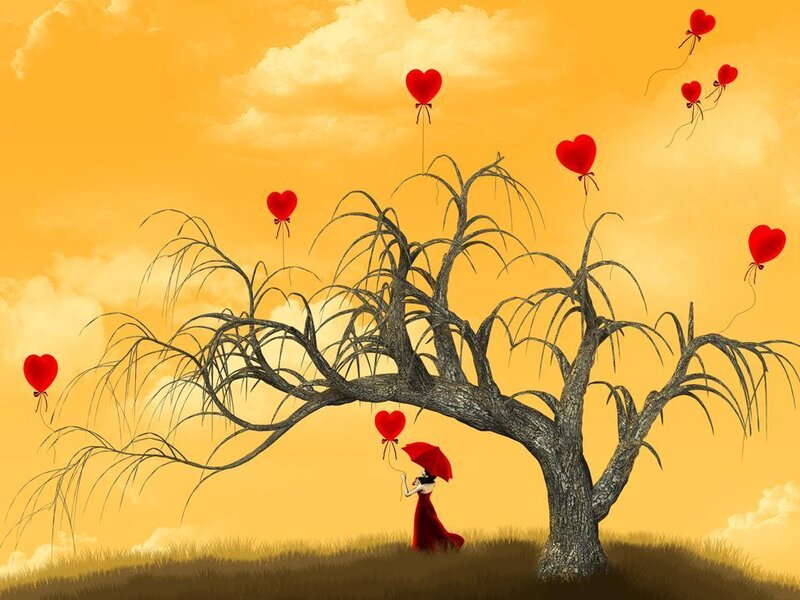 Woman with red umbrella under tree