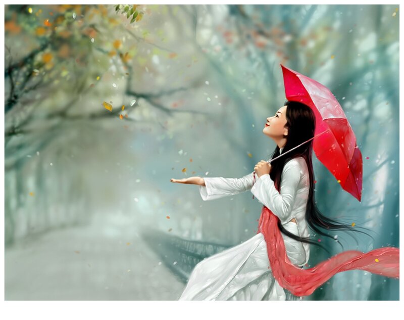 Woman with Red Umbrella — White