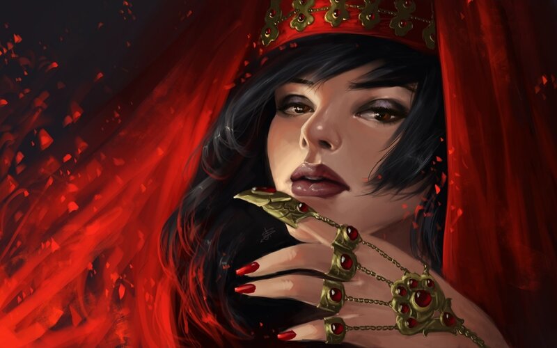 Woman with Red Veil — Dramatic, Digital Art, Crown