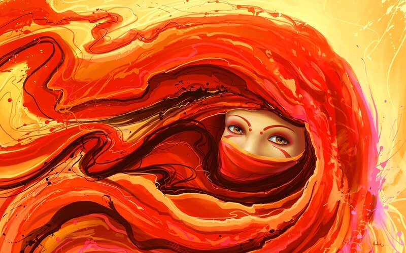 Woman with Red Veil — Dramatic, Digital Art, Eyes, Paint Splatter