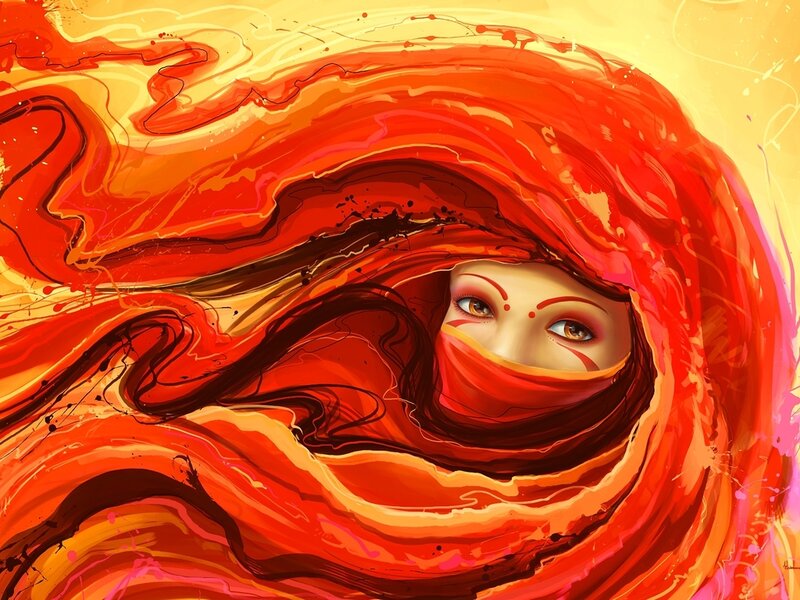Woman with Red Veil — Dramatic, Digital Art, Eyes