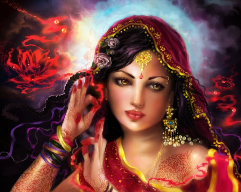 Woman with Red Veil — Dramatic, Digital Art, Flowers