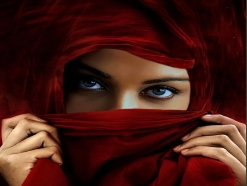 Woman with Red Veil — Dramatic, Digital Art, Hands