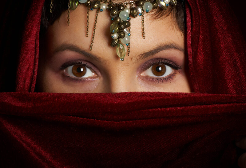 Woman with Red Veil — Dramatic, Photograph, Beaded Headpiece