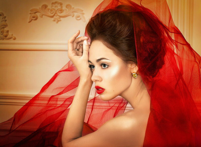 Woman with Red Veil — Dramatic, Photograph, Earring