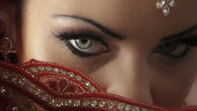 Woman with Red Veil — Dramatic, Photograph, Eyes, Jewelry