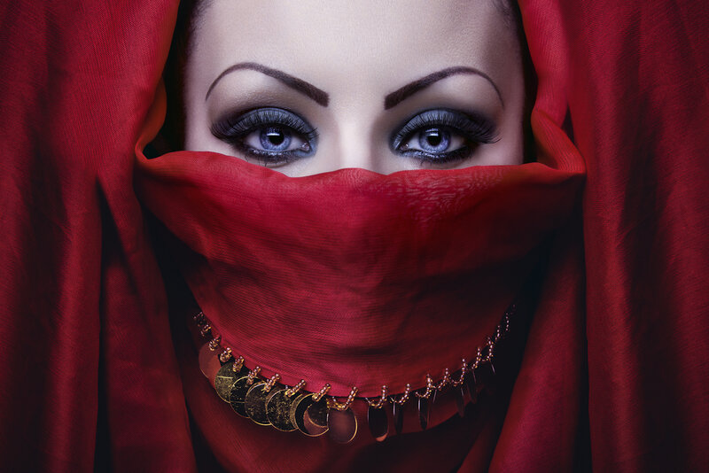 Woman with Red Veil — Dramatic, Photograph, Eyes, Makeup, Necklace