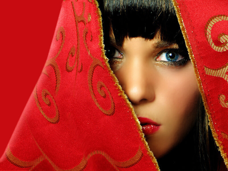 Woman with Red Veil — Dramatic, Photograph, Eyes, Makeup