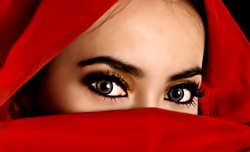 Woman with Red Veil — Dramatic, Photograph, Eyes