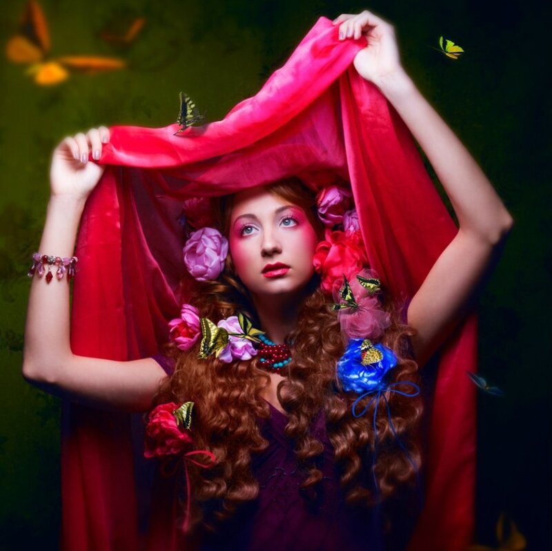 Woman with Red Veil — Dramatic, Photograph, Flowers