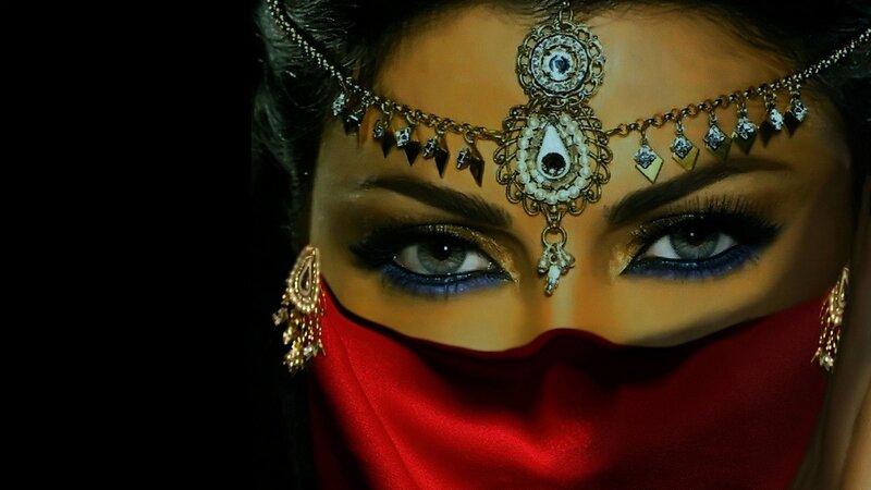 Woman with Red Veil — Dramatic, Photograph, Jewelry, Makeup, Gold