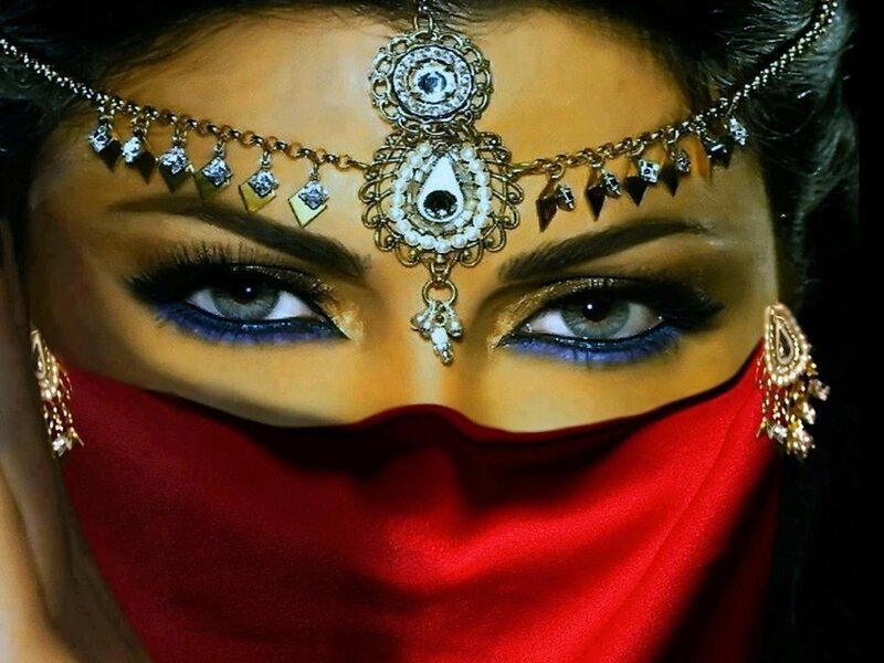 Woman with Red Veil — Dramatic, Photograph, Jewelry, Makeup