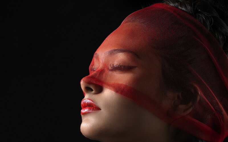 Woman with Red Veil — Dramatic, Photograph, Lipstick