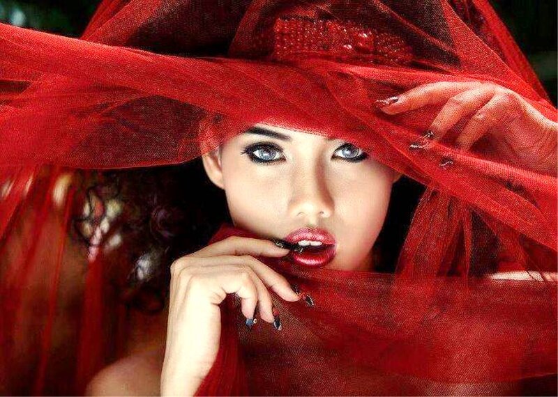 Woman with Red Veil — Dramatic, Photograph, Makeup