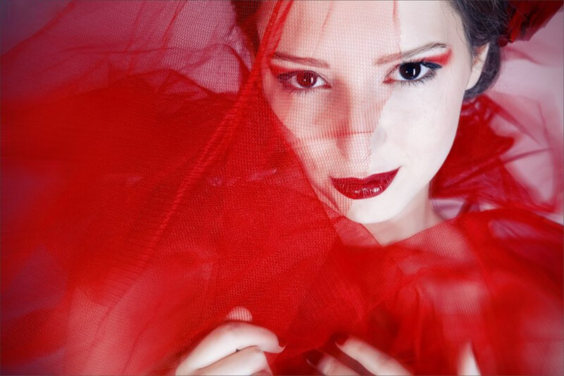 Woman with Red Veil — Dramatic, Photograph, Makeup, Tulle