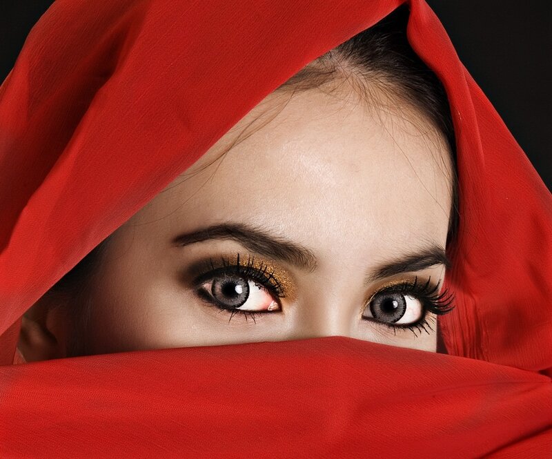 Woman with Red Veil — Dramatic, Photograph