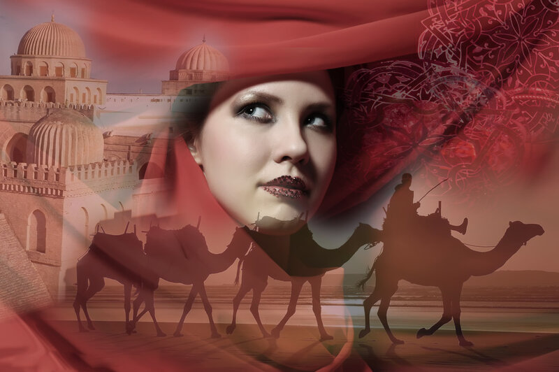 Woman with Red Veil — Dramatic, Sunset