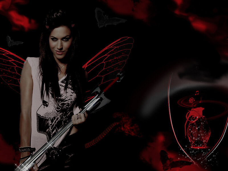 woman with red wings and weapon