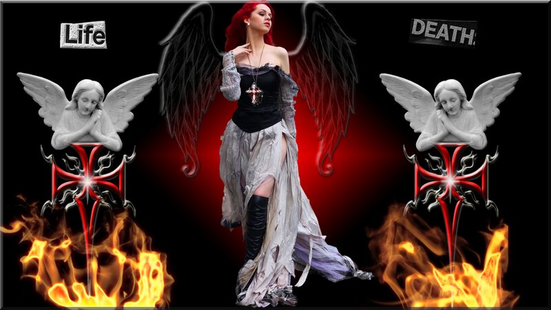 Woman with Red Wings — Black, Dramatic, Digital Art