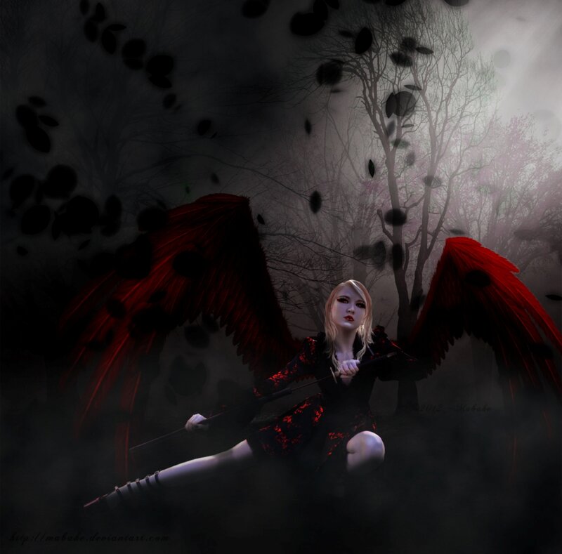 Woman with Red Wings — Black, Dramatic, Night, Digital Art